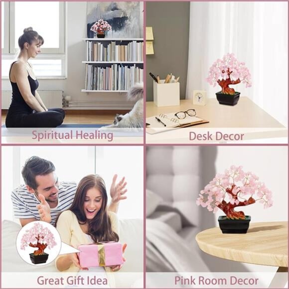 Feng Shui Natural Rose Pink Quartz Crystal Money Tree Bonsai Style Decoration - Picture 6 of 7
